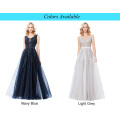 Grace Karin Elegant Deep V-Back Soft Tulle Netting Sleeveless Long Navy Blue Evening Dress 8 Size US 2~16 GK000130-1